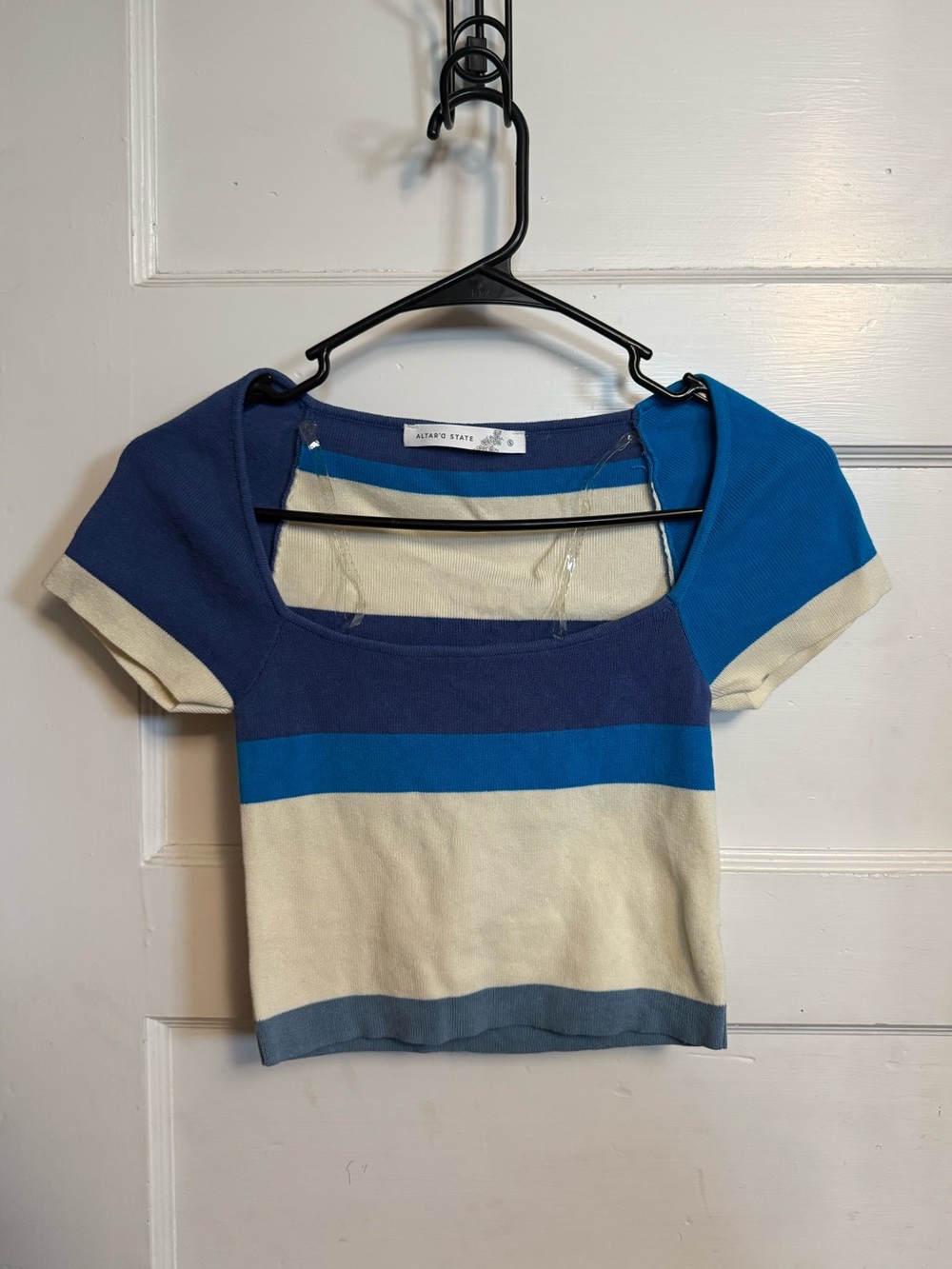 Altar’d State blue and cream striped cropped top w/ square neckline Size SM DESC